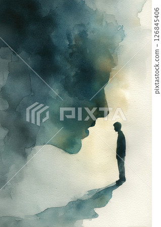 Watercolor illustration of shadowy figure whispering to solitary person, mysterious mood 126845406