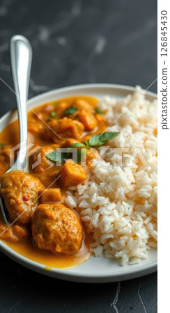 Flavorful chicken curry served with fluffy white rice on a plate with a fork 126845430