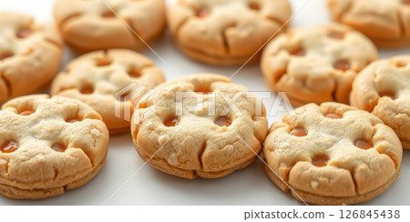 Delicious freshly baked cookies arranged neatly on a white surface showcasing their golden color and unique design 126845438