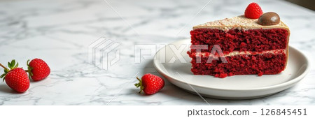 Indulging in a slice of red velvet cake topped with fresh raspberries on a marble countertop 126845451