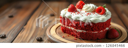 Delicious red velvet cake topped with fresh strawberries on a wooden table 126845466