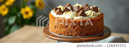 Delicious chocolate cake with creamy frosting and chocolate squares on a wooden serving stand beside sunflowers 126845551
