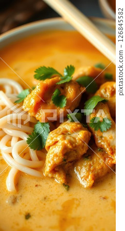 Delicious bowl of creamy coconut curry noodles with tender chicken and fresh herbs Delicious bowl of creamy coconut curry noodles with tender chicken and fresh herbs 126845582