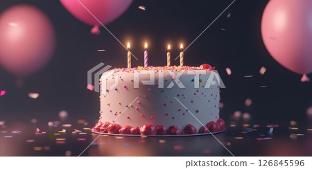 Celebration cake with candles, balloons, and confetti at a birthday party 126845596