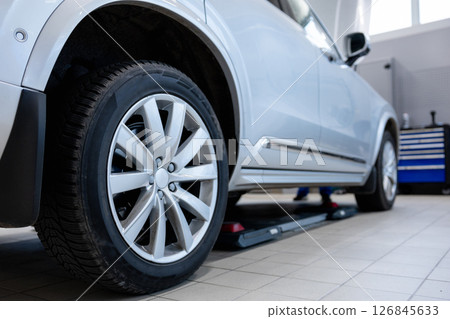 Wheel during service in auto shop 126845633