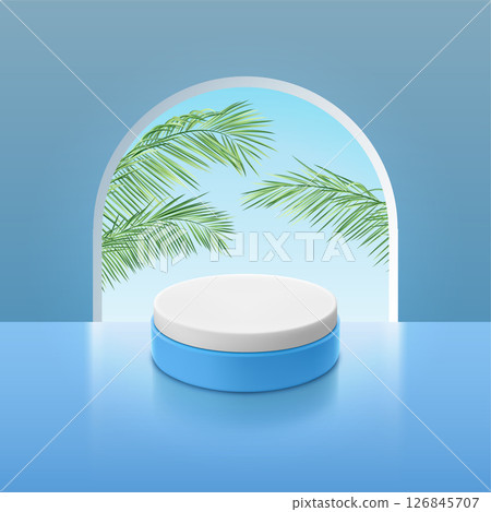 Blue and white podium with palm leaves in the background of the image Blue and white podium with palm leaves in the background of the image 126845707