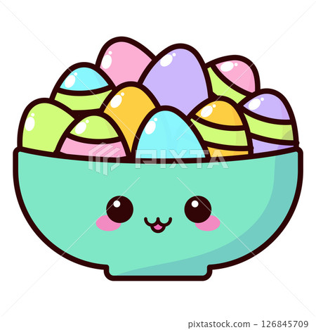 A cute cartoon bowl filled with colorful Easter eggs. A cute cartoon bowl filled with colorful Easter eggs. 126845709