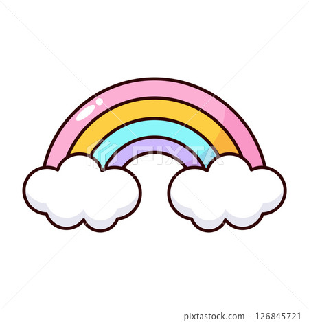 A colorful cartoon rainbow with pastel colors and fluffy white clouds underneath.  126845721