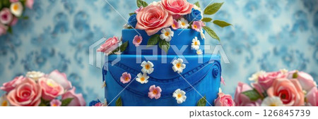 Elegant blue cake decorated with roses and flowers for a celebration event or party 126845739
