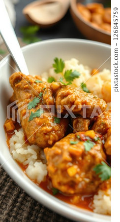Delicious chicken curry served over fluffy rice with fresh cilantro garnish for a comforting meal 126845759