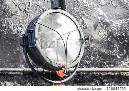 Classic vintage retro train trains steam locomotive locomotives headlight Belarus. 126845763