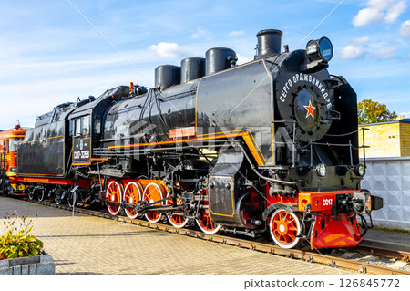 Black classic vintage retro train trains steam locomotive locomotives Belarus. Black classic vintage retro train trains steam locomotive locomotives Belarus. 126845772