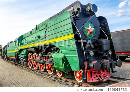 Green classic vintage retro train trains steam locomotive locomotives Belarus. Green classic vintage retro train trains steam locomotive locomotives Belarus. 126845783