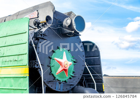 Green classic vintage retro train trains steam locomotive locomotives Belarus. 126845784