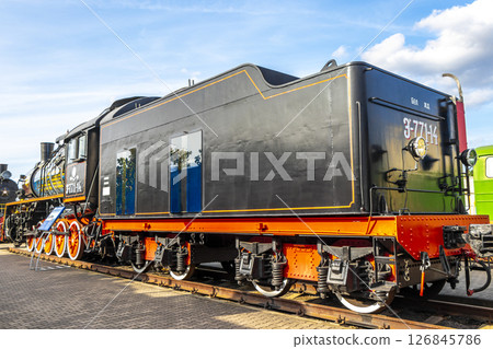 Black classic vintage retro train trains steam locomotive locomotives Belarus. 126845786
