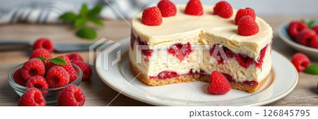 Delicious raspberry cheesecake dessert displayed on a table with fresh raspberries and mint leaves Delicious raspberry cheesecake dessert displayed on a table with fresh raspberries and mint leaves 126845795