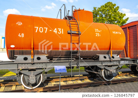 Red orange vintage retro train trains steam locomotive locomotives Belarus. Red orange vintage retro train trains steam locomotive locomotives Belarus. 126845797