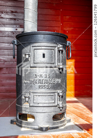 Inside a classic vintage retro train steam locomotive in Belarus. 126845799