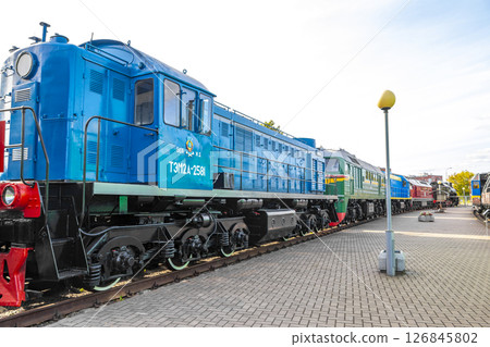 Classic vintage retro train trains steam locomotive locomotives in Belarus. 126845802