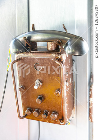 Inside a classic vintage retro train steam locomotive in Belarus. 126845807