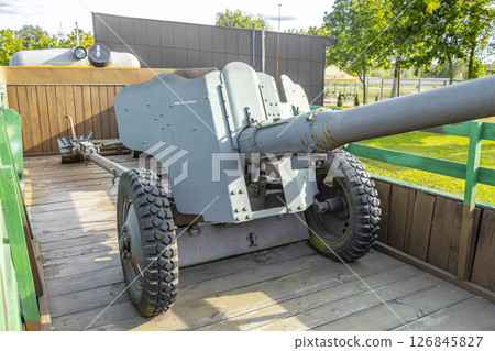Train steam locomotive cannon machine gun weapon on wheels Belarus. Train steam locomotive cannon machine gun weapon on wheels Belarus. 126845827
