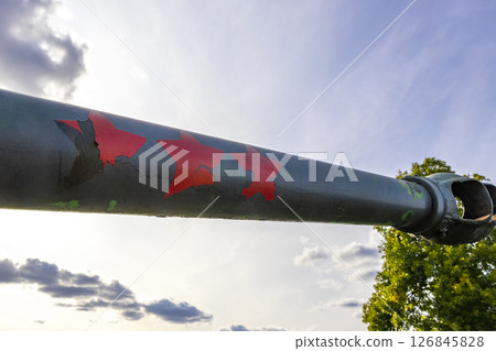 Train steam locomotive cannon machine gun weapon on wheels Belarus. Train steam locomotive cannon machine gun weapon on wheels Belarus. 126845828