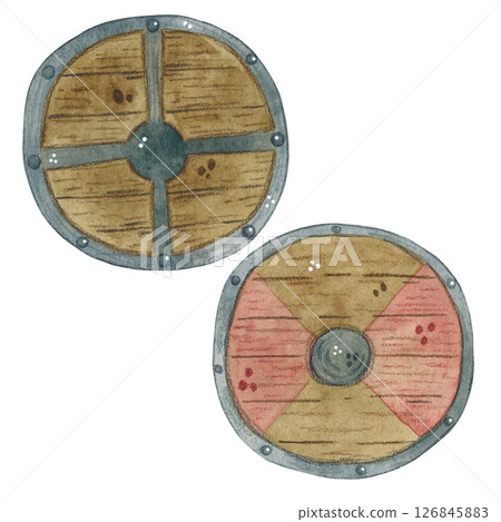 Set of two wooden swords and helmets with horns. Watercolor illustration hand drawn in cartoon style for stickers, cards, posters. shield, vikings, protection, defense, wooden, horns 126845883