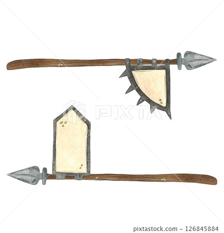 Spear with an old white flag with black edging on a white background. Watercolor illustration hand drawn in cartoon style. Drawing for stickers, print, bedsheet, children's illustration, scrapbooking 126845884