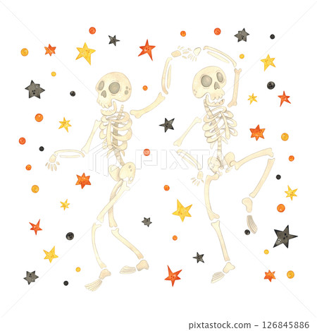 Two funny dancing skeletons in a pair among orange and black stars and confetti. Watercolor illustration, cartoon. Drawing for cards, posters, stickers. Halloween, holiday, dance, bones, skeleton, sku 126845886