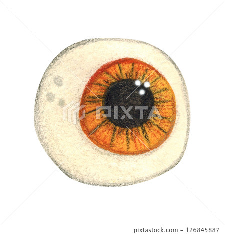 Eye, round, with black pupil, isolated. Watercolor illustration hand drawn, cartoon. Drawing for stickers, cards, scrapbooking. Halloween, eye, decor, yellow, orange, pupil, holiday 126845887