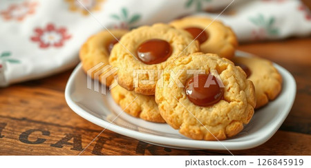 Delicious homemade cookies with caramel filling on a wooden table with a floral cloth 126845919