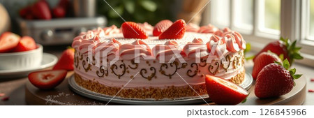 Delicious strawberry cream cake displayed on a table with fresh strawberries and natural light streaming in 126845966
