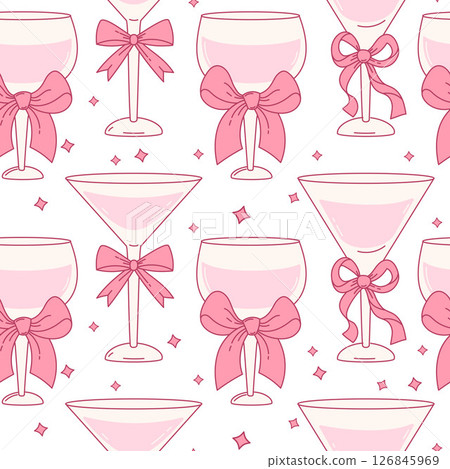 Seamless Pattern Pink Coquette Glass Drink with Bow. Vintage Aesthetic Cocktail on White Background. Romantic Girly Vibe. Trendy Party backdrop template. Vector illustration 126845969