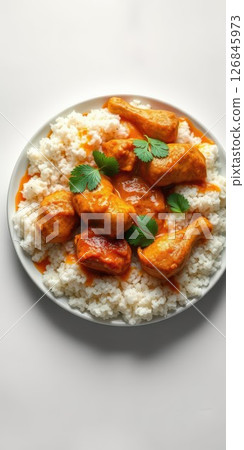 Delicious chicken in rich sauce served over fluffy white rice garnished with cilantro 126845973