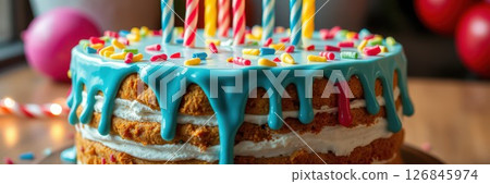 Colorful birthday cake with blue icing and candles at a festive celebration 126845974