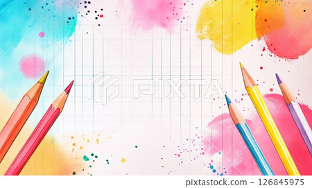 Dynamic watercolor background featuring colorful paint splatters, subtle grid paper texture and strategically placed pencils. Perfect for artistic or educational themes with copy space 126845975