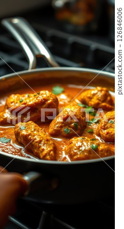 Savory vegetarian dumplings simmering in rich tomato sauce with fresh herbs in a kitchen setting 126846006