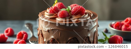 Decadent chocolate cake topped with fresh raspberries and mint leaves on a rustic wooden table 126846015
