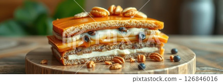 Delicious layered dessert featuring creamy filling and crunchy nuts served on a wooden platter Delicious layered dessert featuring creamy filling and crunchy nuts served on a wooden platter 126846016
