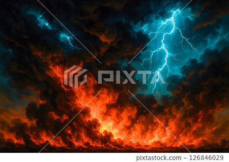 Blue and red storm clouds with lightning bolts, fire and smoke on ground, apocalyptic scene, chaos, end of world concept 126846029