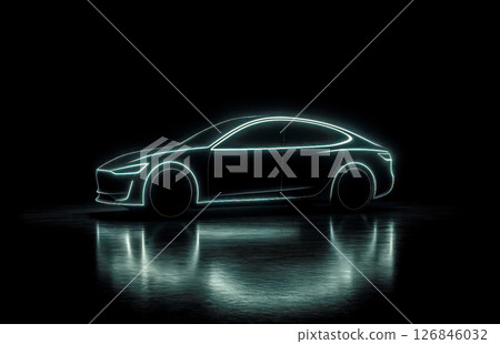 Futuristic neon outline of modern sedan car side view on black, electric vehicle, innovation, automotive design, transportation, luxury, speed, technology, minimal art 126846032