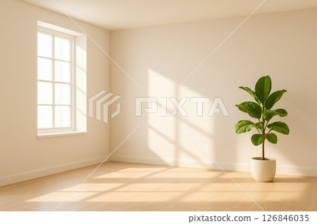 Minimalist room with wooden floor, green potted plant, large sunny window, bright empty interior, fresh atmosphere, modern home design Minimalist room with wooden floor, green potted plant, large sunny window, bright empty interior, fresh atmosphere, modern home design 126846035