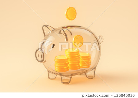 Transparent glass piggy bank filled with shiny gold coins, symbolizing savings, financial planning, wealth management, money safety, economy, family budget 126846036
