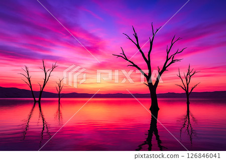 Vivid colorful sunset with bright purple pink sky, silhouette of trees in calm water, nature, beauty, peaceful tranquil landscape 126846041