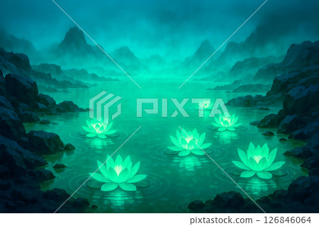 Serene emerald lotus blossoms illuminating still misty mountain lake creating peaceful panorama concept for relaxation yoga retreat visuals 126846064