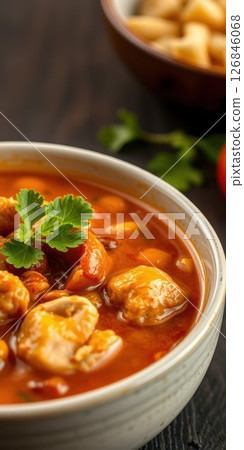 Delicious chicken stew with herbs served in a rustic bowl on a wooden table in a cozy kitchen setting 126846068