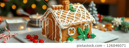 Festively decorated gingerbread house on display during holiday season celebration in cozy indoor setting 126846071