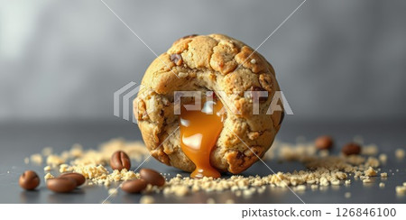 Gooey caramel-filled cookie with chocolate chips and crushed nuts on a dark surface 126846100