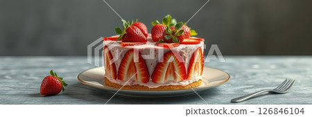 Delicious strawberry cake presented elegantly on a plate with fresh strawberries and a simple fork nearby 126846104