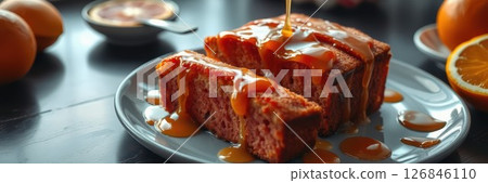 Delicious orange cake drizzled with sweet syrup, served on a plate with fresh oranges nearby 126846110